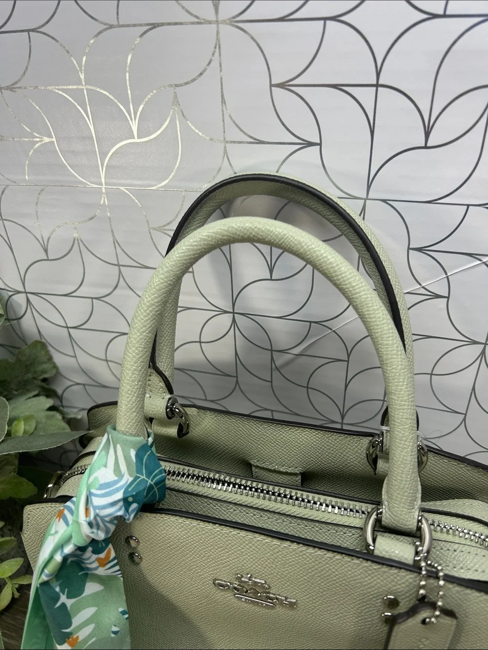 2542 Coach Sage Green Pebbled Leather Satchel with Printed Scarf 267082542